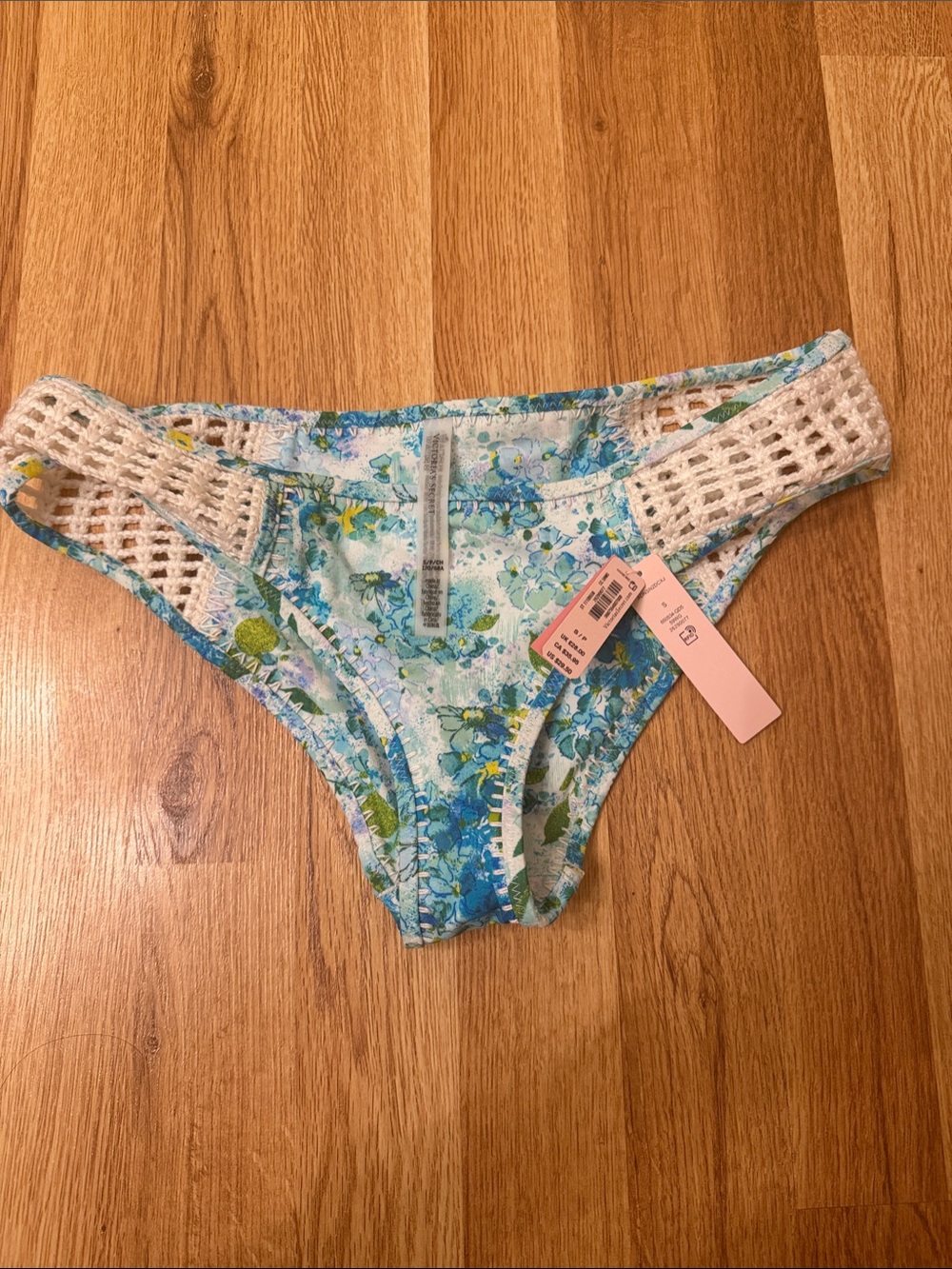 PINK Victoria's Secret Blue Floral Bikini Bottom with White Crochet Sides